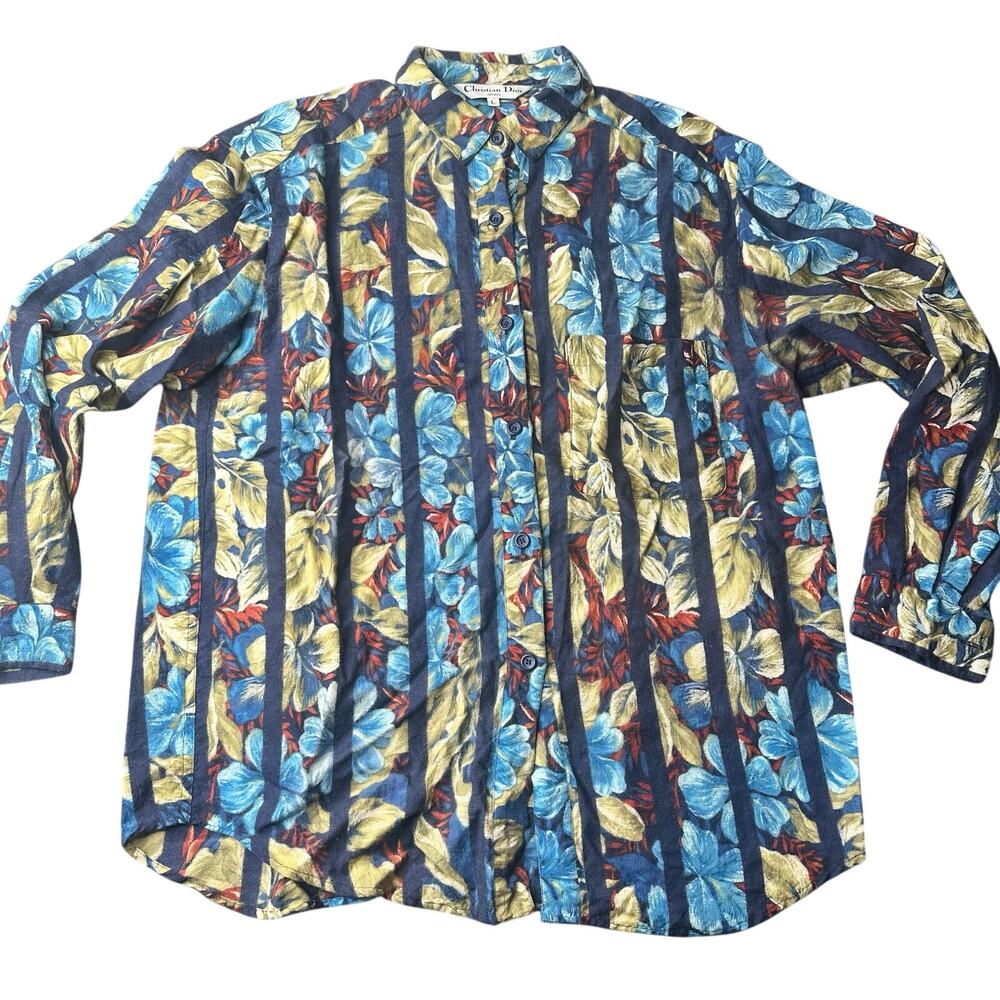 Vintage Christian Dior SPORTS 90s Floral Long sleeve shirt L Blue Women